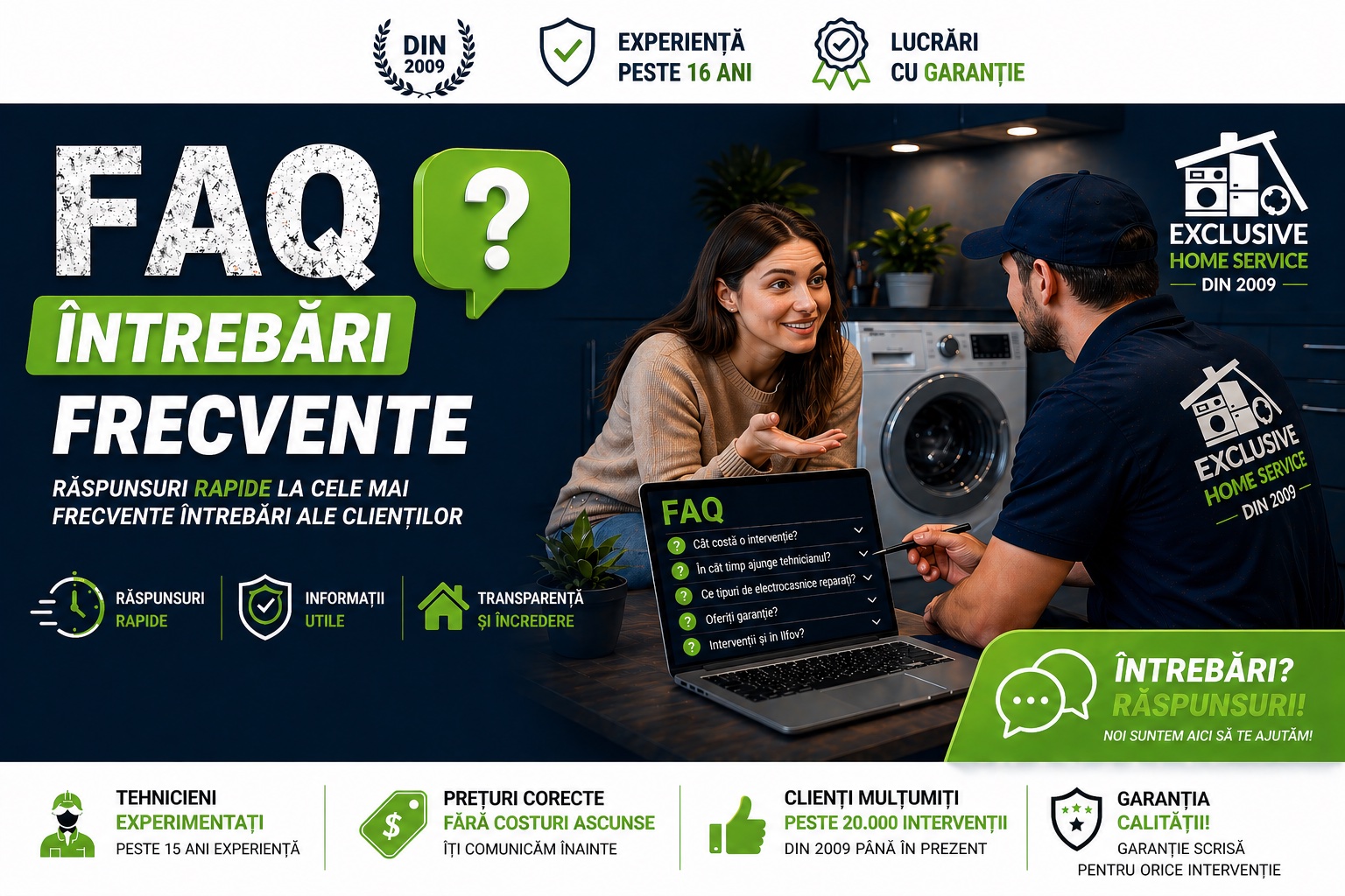 FAQ — Intrebari frecvente reparatii masini de spalat Bucuresti — ServiceHome